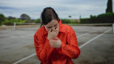 Hapishane tulumu giymiş esmer bir kadın tenis kortunun önünde düşünceli bir ifadeyle duruyor ve özgürlük ile hapsedilme arasındaki farkı vurguluyor..