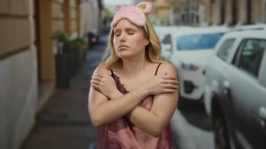 Pembe tavşan maskesi takan genç sarışın kadın ve geceliği şehirde arabaları olan bir sokakta soğuktan titriyor..