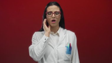 Diş ağrısı ifadesiyle beyaz üniformalı İspanyol kadın bilim adamı kırmızı bir duvara dayanıyor. Bu da diş ağrısı, rahatsızlık ve tıbbi endişeye işaret ediyor..