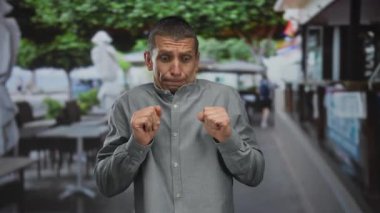 Dışarıdaki restoran terasında arka planda bulanık masalar ve yeşilliklerle korku gösteren bir adam, şehir ortamında şaşkınlığını dile getiriyor..