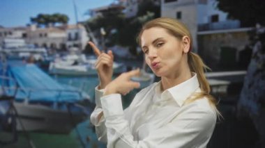 Limana yakın bir teknede dans eden genç ve sarışın bir kadın, açık havada kutlama yapıyor, beyaz gömlek giyiyor..