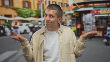 Kalabalık bir sokakta, arka planda dükkanlar ve arabalar olan beyaz bir adam belirsizlik ya da şaşkınlık içinde hafif bir gülümsemeyle günlük gömleğini giyiyor..