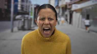 Kalabalık bir caddede tutkuyla bağıran kadın, şehir manzarasının bulanık arka planında duygu ve yoğunluğu yakalıyor..