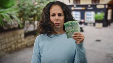 Orta yaşlı bir kadın, Güney Afrika 'da bir şehir caddesinde elinde Rand banknotlarıyla duruyor. Ciddi bir ifadeyle, finansal kaygıları ima ediyor..