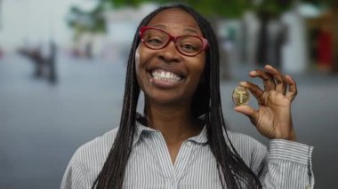 Elinde kripto para tutan kadın açık havada gülümsüyor şehir sokaklarında coşku ve modern teknolojiyi yansıtıyor.