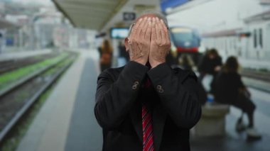 Takım elbiseli kıdemli bir adam, bir tren istasyonunda gülümserken yüzünü sevinçle ortaya çıkarır. Arka planda bulanık banliyö sakinleri ve trenle canlı bir açık hava ortamı sergiler..