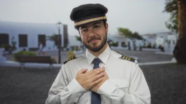 Üniformalı genç pilot ellerini göğsüne koyduğu bir sokakta duruyor. Minnettarlığını gösteriyor ve beyaz binalarla dolu sıradan bir şehir ortamında gülümsüyor..