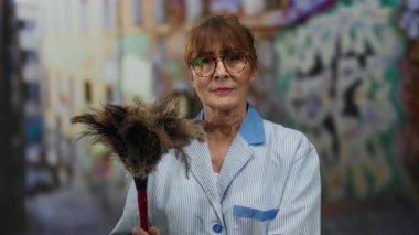 İşlek duvar yazısıyla dolu bir caddede dikilirken elinde toz bezi tutan İspanyol kıdemli kadın şehir bakımına olan bağlılığını gösteriyor..