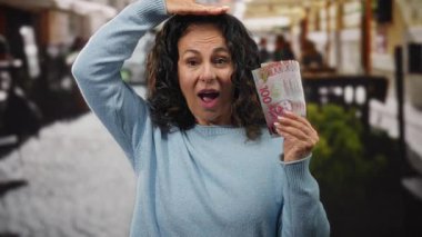 Yeni Zelanda paralarını elinde tutarken gülümseyen bir kadın restoran terasında, mutluluğu ve orta yaş hayatını gözler önüne seriyor..