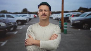 Açık hava otoparkında arka planda bulutlu bir gökyüzünün altında güvenle duran Latin asıllı genç adam..