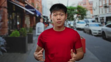 Şehir caddesinde kırmızı tişört giyen genç adam arka planda arabalar ve binalarla açık havada duygularını ifade ediyor..