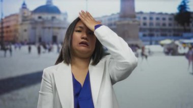 Genç Çinli kadın, Aziz Peter Meydanı, Vatikan 'da ikonik bir kilisesi ve arka planda beyaz ceketli insanlar var..