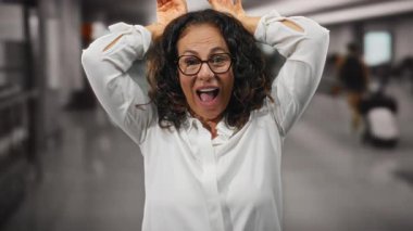 Havaalanı terminalinde kıvırcık saçlı ve gözlüklü beyaz gömlekli, kapalı bir ortamda neşeli bir ifade sergileyen bir kadın..