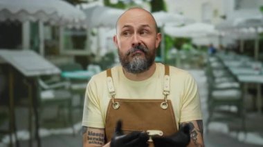 Kahverengi önlüklü kel adam, şehir restoranındaki terasta oturuyor. Açık kafe sahnesinde dövmeli kolları ve değişik yüz ifadelerini gösteriyor.