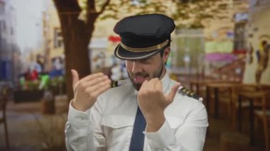 Sakallı ve pilot üniformalı genç adam restoranın terasında arka planı bulanık, rahatlamış bir kahve dükkanı atmosferi sergiliyor..