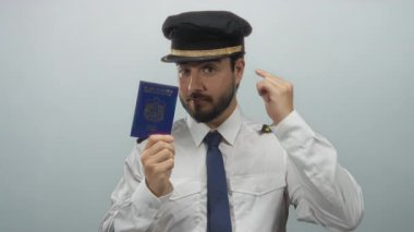 Pilot üniformalı genç adam beyaz arka plana karşı pasaport taşıyor. Seyahat, havacılık ve uluslararası kimlik tespitini odaklı ve profesyonel bir ortamda yapıyor..