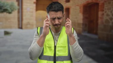 Yansıtıcı yelek giyen genç adam açık havada bir üniversite ortamında düşünceli bir şekilde duruyor. Tarihi binaların arasında şans dilemek için dua ediyor..