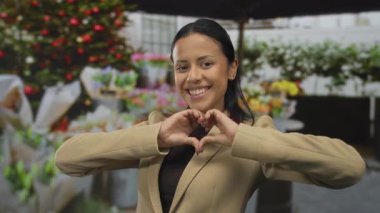 İspanyol kadın kalp elleri oluşturuyor ve arka planda renkli çiçeklerle açık hava çiçekçisinde kameraya gülümsüyor..