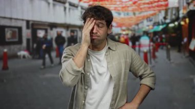 Kalabalık bir caddede İspanyol bir adam hayal kırıklığına uğramış bir ifade ve günlük kıyafetlerle şehir ortamına karışıyor..