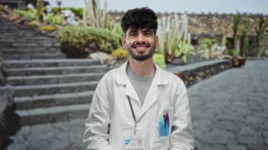 Beyaz önlüklü genç adam açık hava taş bahçesinde gülümsüyor yeşillik ile kuruluyor ve arkasında sakin bir ortam sergiliyor..