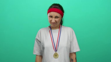 Genç bir kadın boynunda altın bir madalyayla yeşil bir duvara yaslanmış, saç bandı takmış ve coşkulu bir şekilde heyecanını dile getiriyor..