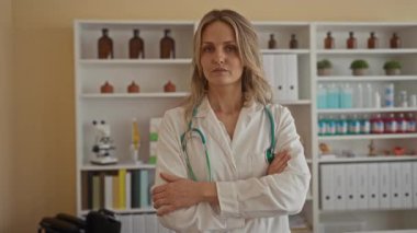 Klinikteki kadın doktor, tıbbi ekipman ve raflarla çevrili steteskopla profesyonel sağlık hizmetlerini ön plana çıkarıyor..