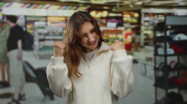 Genç kadın, canlı alışveriş atmosferini geliştiren renkli raflarla çevrili bir süpermarket koridorunda muzaffer bir şekilde kutlama yapıyor..