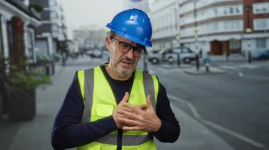 Kasketli ve güvenlik yeleği giymiş İspanyol bir adam, şehir sokaklarında göğüs ağrısıyla boğuşuyor. Şehir inşaatında acil ve sağlık sorunlarını dile getiriyor..