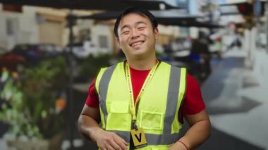 Yansıtıcı yelek giymiş gülümseyen adam canlı bir şehir arka planında binalar ve yeşilliklerle gönüllü oluyor..