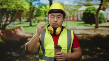 Güvenlik yeleği ve kasketli genç adam parkta kahve tutarken yorgun görünüyor. Açık havada ağaçlar ve doğa ile çevrili koruyucu giysiler giyerken yorgunluğunu ifade ediyor..