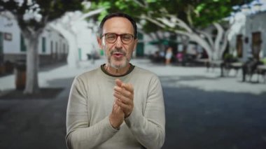 Ağaçlar ve şehir mimarisi ile çevrili bir şehir parkında gülümseyen ve alkışlayan bir adam, dışarıda neşe ve rahatlama taşıyor..