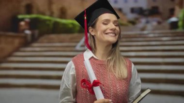 Şehir caddesinde elinde diploma ve kitap olan genç bir kadın mezuniyeti gülümseyen bir ifadeyle kutluyor..