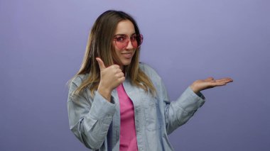 Mavi tişörtlü, neşeli bir yüz ifadesiyle pembe güneş gözlüğü takan ve günlük kıyafet giyen bir kadın, açık avucunun içini gösteren bir jest yapıyor.