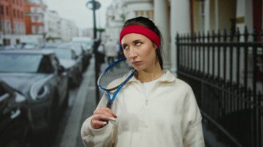 Şehir caddesinde tenis raketi giymiş, spor kıyafetleri ve saç bandı takmış bir kadın hareketli bir caddede kendine güvenen bir şehir yaşam tarzını canlandırıyor..