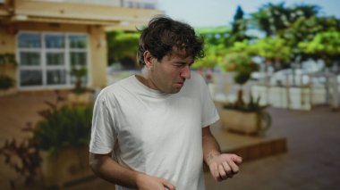 Dışarıdaki Latin adam canlı bir sokakta gitar çalıyormuş gibi yapıyor. Yeşillik ve arka planda binalar var..