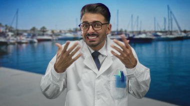 Beyaz önlüklü genç bilim adamı rıhtım tekneli bir marinanın yanındaki bir sokakta palmiyelerini silkeliyor; belirsizlik.