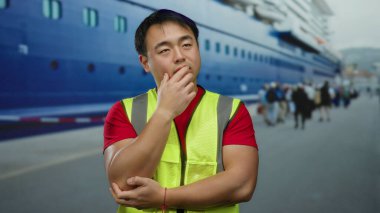 Güvenlik yeleği giymiş genç adam limanda güvenle gülümsüyor. Arka planda büyük bir gemi, yoğun bir sahneyi gösteriyor..