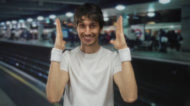 Kalabalık bir tren istasyonu platformunda elleri kullanarak geniş bir gülümseme; yaratıcı vizyon.