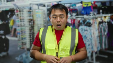 Şaşkın bakışlı genç adam, sarı yelek giyiyor, kalabalık bir açık hava pazarında duruyor, hayat dolu sokak hayatı ve hareketli şehir çevresi sergiliyor..