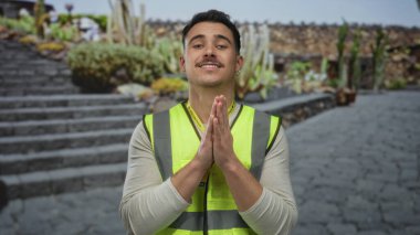 Yansıtıcı yelek giyen İspanyol genç adam parktaki merdivenlerde gönüllü olarak duruyor..