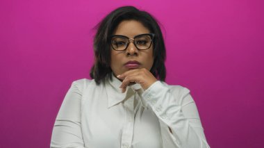 Gözlüklü bir kadın canlı pembe arka planda poz veriyor, beyaz bluz giyiyor, kendine güvenini ve tarzını ifade ediyor, izole edilmiş bir ortamda modern sofistike bir görünüm sergiliyor..