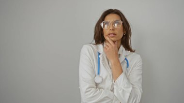 Beyaz önlüklü ve gözlüklü kadın doktor, izole edilmiş beyaz arka plan üzerinde steteskop ile düşünceli görünümlü, sağlık hizmetleri uzmanı ve tıbbi uzmanlık tasvir ediyor..