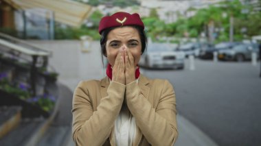 İspanyol üniformalı uçuş görevlisi arka planda bulanık korku gösteriyor. Dışarıdan geçen arabalar ve yayalar şehir ortamını işaret ediyor.