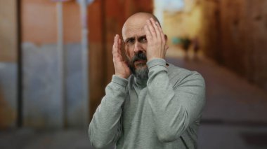 Sakallı kel adam şehir sokağında üzgün görünüyor, elleri yüzü üzerinde, açık havada gri kazak giyiyor..