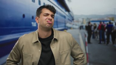 Adam çene destekliyor sonra limanda gemiye yaslanıyor İspanyol erkek turist seyahat planları yaparken..