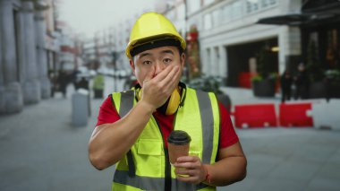 İnşaat işçisi, elinde sert şapka ve güvenlik yeleği olan bir kahveyle şehir sokaklarında esniyor..