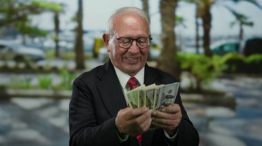 Takım elbiseli kıdemli adam şehir sokaklarında bize dolar sayıyor, şehir ortamında başarı ve zenginliği ifade ediyor..