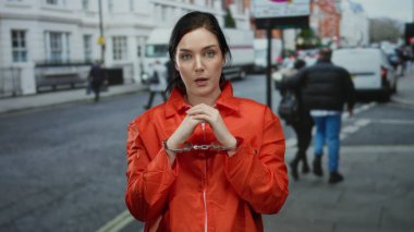 Turuncu tulumlu kadın kelepçelerle şehir caddesinde duruyor, hapishane temasını şehir arka planıyla tasvir ediyor ve gün ışığında esmer saçlı..