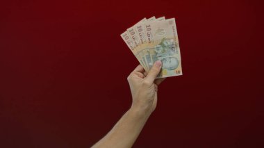 Romen lei 'sini kırmızı duvara yaslayan beyaz adam el ele tutuşması finans ve zenginliği simgeliyor.