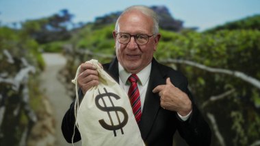 Takım elbiseli kıdemli bir adam parkta dolar sembollü para çantası tutuyor, açık havada yolsuzluk ve zenginlik öneriyor..